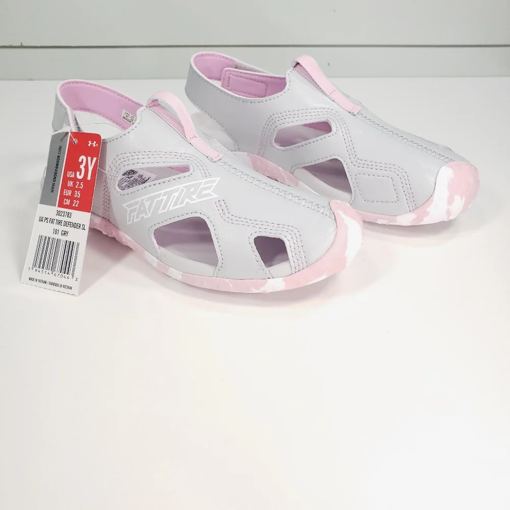 3Y Under Armour Tire Defender Grey Pink Sandals Girls Size 3Y